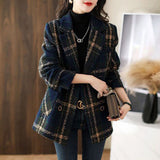 2025 Autumn And Winter New Fashion Korean Loose Thin Retro Lattice Splicing Hundred Suit Collar Hair Coat Woman HZ1220