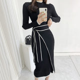 2025 Autumn And Winter Korean Version Of The Temperament Half-High Collar Body Long Collar Wearing Waist Knitted Sweater Dress Dress Woman HZ1220