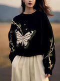 Black Butterfly Print Sweater Women 2025 Autumn And Winter New Loose This Year's Popular Beautiful Design Knitting Top HZ1208