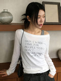 2025 Autumn Letter Print Thin Perspective T-Shirt Hottie Fashion Slanted Shoulder Long-Sleeved Top HZ1220
