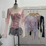 Design Lace Splicing Long-Sleeved T-Shirt Women's Bow Strap Hollow Irregular Blouse 6179 HZ1208