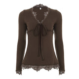 Vintage Lace Splicing Deep V-Neck Long-Sleeved T-Shirt Girl 2025 New Blouse HZ1220