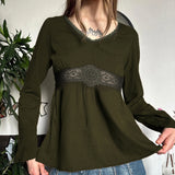 Vintage V-Neck High-Waisted Skirt-Shaped Long-Sleeved T-Shirt Women's Embroidered T-Sleeve Design-Sleeve Blouse HZ1220