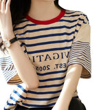 2025 Version Of Loose Good-Looking Youth-Down Navy Blouse Woman! Letters Printed Short-Sleeved Cotton Striped T-Shirt HZ1220