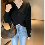 South Korea Dongdaemun Autumn And Winter New Temperament Simple V-Neck Cross-Design Sense Loose Knitted Sweater HZ1220