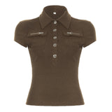 Women's Fashion Street Trend Artificial Style Collar Foundation Solid Color Hottie Short-Sleeved T-Shirt Blouse New HZ1220