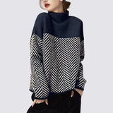 2025 Autumn And Winter New Lazy Wind High-Neck Long Sleeves Colliding Splicing Knitted Shirt Retro Loose Jacket Warm Sweater HZ1220