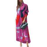 2025 Spring And Summer Women's Fashion Casual Printing Loose Open Fork Bag Long Shirt Shirt Dress HZ1220