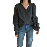 South Korea Dongdaemun Autumn And Winter New Temperament Simple V-Neck Cross-Design Sense Loose Knitted Sweater HZ1220