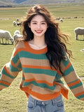 Mori's Retro Stripes Loose Lazy Sweater Knitted Women's 2025 New Winter Korean Wear Top Tide HZ1208
