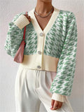 Autumn And Winter Tiger Pattern Lantern Sleeve Knitted Cardigan Sweater Short Coat HZ1208