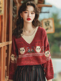 Red Cartoon Embroidery V-Neck Knitted Sweater Women's Autumn And Winter Lazy Wind Loose Leisure Holiday Two Age Reduction Top HZ1208