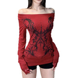 Sub-Cultural Personality Hottie Style Shoulder Dark Print T-Shirt Lace Side Long Sleeves To Dress Casual Blouse HZ1220