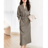 Temperament Commuting Long Sleeves Wearing Skirts In The Fall Of 2025 New V-Neck Waist Thin Shirt Dress Lady HZ1220