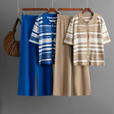 New Women's Two-Piece Set Of Polo Tie Striped T-Shirt High-Waisted Broad Leg Pants Fashion Two-Piece HZ1220