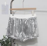 Real Shooting Babes Shiny Shiny Splicing Loose Waist Shorts Design Feel Thin Broad Leg Hot Pants 9053 HZ1208