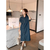 2025 Korean Summer Denim Dress Women Loose Short-Sleeved Retro Age-Reduced Pregnant Women's Skirt HZ1220