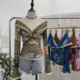 Vintage Oil Painting Print Collar A Word Twisted Folded Short-Sleeved Trumpet Blouse 9907 HZ1208