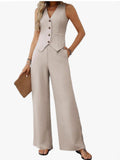 2025 Women's Summer Two Sets Of Buttons And Two Sets Of Short Vests And Wide-Legged Pants HZ1208