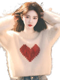 White Love Print Lazy Sweater Knitted Women 2025 Autumn And Winter New Korean Atmosphere Feeling Top HZ1208