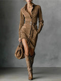 2025 Women's Autumn And Winter Velvet Fashion Single-Dbutton Shirt Dress Skirt With Belt HZ1208