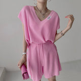 Korean Chic Sweet V-Neck Loose Letter Sticker Short-Sleeved Knitwear + Rope High-Waisted Leisure Wide-Legged Shorts Woman HZ1220