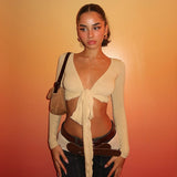 Spring/Summer 2025 New Fashion Spice Girls Solid Color Sexy V Tie With Supple Short-Anxed Long-Sleeved Shirt Coat HZ1220