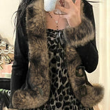 2025 Autumn New Street Style Y2K Retro Wool Collar Splicing Leather Buckle Waist Jacket Casual Top HZ1220