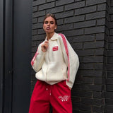 Striped Knitted Cardigan Collar Zipper Retro Sports Rice White Hit Red High Street Burst Autumn HZ1208