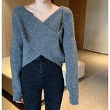 South Korea Dongdaemun Autumn And Winter New Temperament Simple V-Neck Cross-Design Sense Loose Knitted Sweater HZ1220