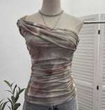 Net Yarn Printed Slanted Shoulder Sling Vest Retro Design Folding Temperament Short Blouse 8009 HZ1208