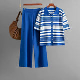 New Women's Two-Piece Set Of Polo Tie Striped T-Shirt High-Waisted Broad Leg Pants Fashion Two-Piece HZ1220