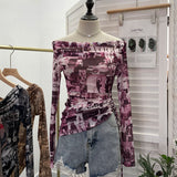 Vintage Graffiti-Printed Shoulder-Threin Mesh Long-Sleeved Blouse Side Drawstring Tethered With Slime T-Shirt 8959 HZ1208