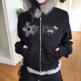 Autumn And Winter New Hair Splicing Hoodie Women's Dark And Dark Style Personality Street Star Hot Diamond Zipper Coat Top HZ1220