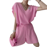 Korean Chic Sweet V-Neck Loose Letter Sticker Short-Sleeved Knitwear + Rope High-Waisted Leisure Wide-Legged Shorts Woman HZ1220