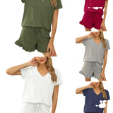 Spring And Summer 2025 New Women's Pure Color V-Neck Shorts Irregular Shorts Sports Casual Home Two Sets HZ1220
