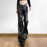 Diablo Day Buckle Waist Hollow PU Leather Sleetros Women 2025 Low-Rise Straight Pants New Leather Pants HZ1220
