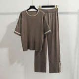 2025 Summer Women's Clothing Age Reduction Ocean Casual Loose Fashion Set Short-Sleeved Knitted Jersey Broad Leg Pants Two Sets HZ1220