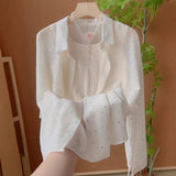 Summer New French Fashion Design Slid Sun Protection Blouse POLO Thin Perspective White Shirt Woman HZ1208