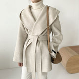 Korean Chic Autumn French Temperament Hooded Pocket Design Strapped To The Waist Thin Solid Color Long-Sleeved Coat HZ1220