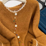 Korean Retro Wavy Collar Color Button Design Knitted Cardigan Women Loose Soft-Creative Sweater Jacket Autumn HZ1208