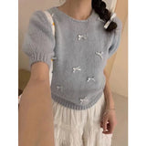 Korean Chic Spring And Summer Little Bow Bow Short-Sleeved Collar Knitted Jersey Girl Spring Sweet Soft Foam Bubble Sleeve Top HZ1220
