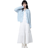 Blue Round Collar Knitted Cardigan Women 2025 Spring And Autumn New Loose Design Thin Sweater Coat Short Top HZ1208