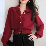 Autumn And Winter New Year Red Polo Knitted Cashmere Knitted Cardigan Women Soft Glutinous Loose Outer Sweater Winter Thick Coat HZ1220