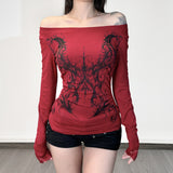 Sub-Cultural Personality Hottie Style Shoulder Dark Print T-Shirt Lace Side Long Sleeves To Dress Casual Blouse HZ1220