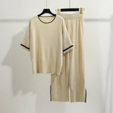 2025 Summer Women's Clothing Age Reduction Ocean Casual Loose Fashion Set Short-Sleeved Knitted Jersey Broad Leg Pants Two Sets HZ1220