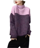 2025 Autumn And Winter New Lazy Wind High-Neck Long Sleeves Colliding Splicing Knitted Shirt Retro Loose Jacket Warm Sweater HZ1220