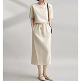 2025 Summer New Fashion Sports Casual Lazy Set Soft Short-Sleeved Top + Open Skirt Suit HZ1220