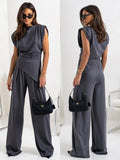 Small-Fantic Faitry Face Solid-Colored Collared Folded Fork Vest Top Broad Leg Trousers Set Summer HZ1220