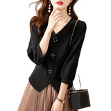 Design-Sensitive Niche Shirt Women 2025 Spring New Seven-Sleeve V-Necked Black Waist-Skinny Blouse Tide HZ1220